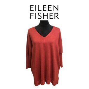 Eileen Fisher Women's 100% Merino Wool Tunic Sweater Orange 3/4 Sleeve Sz Medium